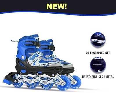 HouseOfCommon 4 Wheel Inline Skating for Boys Kids & Girls, 6 to 14 Years & Led Flash Lights In-line Skates - Size 2025-11-08 UK(Blue)