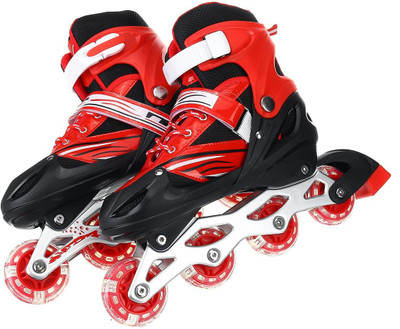 ShopiMoz Adjustable Size Inline Skates with LED Flash Light On 4 Wheels for Kids In-line Skates - Size 6-9 UK(Red)