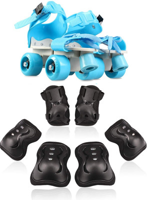 LIVE SPORTS Roller Skates With Knee and Elbow Pads, Wrist Guards 3 in 1 Protective Gear Quad Roller Skates - Size 5-12 UK(Blue)