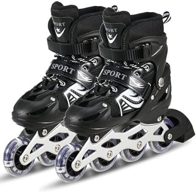 JD ENTERPEISE Inline Skates For Adjustable PU Wheels with Aluminum-Alloy For Age 7-11 Year Kid In-line Skates - Size 6-9 UK(Black)