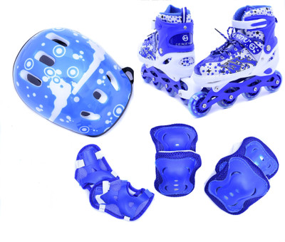 IRIS Kids Adjustable Inline Skates with Protective Pads, Gloves and Helmet In-line Skates - Size 6-8 UK(Blue, White)