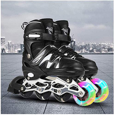 nilkanth SkatingAdjustable Aluminium Inline Skates Set for Boys Kids In-line Skates - Size Adjustable M to L UK(Black)