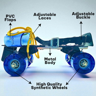 Fusion Sports Adjustable Roller Skates, Metal Frame with PVC Flaps, Blue Wheels, Yellow Laces, Quad Roller Skates - Size 8 UK(Blue)
