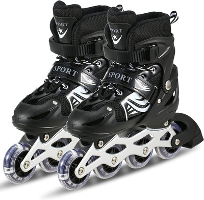 Pramukh Fashion Adjustable Inline Skates Roller Blades for Girls and Boys In-line Skates In-line Skates - Size 7 YEAR TO 17 YEAR UK(Black)