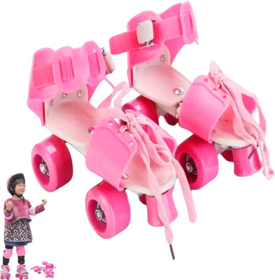 KAVANA Roller Skates with Front Brake | 3-10 Year Old Kids | Adjustable Roller Skates Quad Roller Skates - Size 4--12 UK(Pink)
