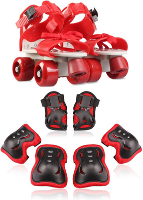 LIVE SPORTS Roller Skates With Knee and Elbow Pads, Wrist Guards 3 in 1 Protective Gear Quad Roller Skates - Size 5-12 UK(Red)