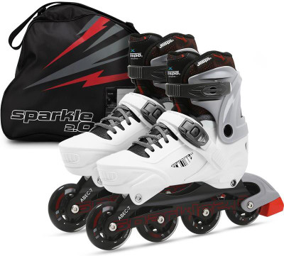 Jaspo Sparkle 2.0 Advance Adjustable Inline Roller Skates, Hard Boot, Aluminium Chasis In-line Skates - Size 31-34 Euro(White)