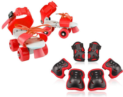 Hoteon Kids Roller Skate Shoes with Knee Pad Elbow Wrist Pads Guards Protective Gear Quad Roller Skates - Size 4-9 UK(Red)