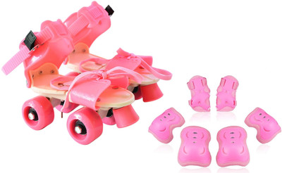 Zurie Toy Collection Roller Skates With Knee and Elbow Pads, Wrist Guards 3 in 1 Protective Gear Quad Roller Skates - Size 4-9 UK(Pink)