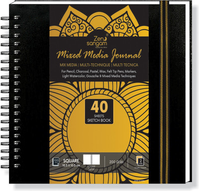 Zen Sangam Express your Mind Artists’ - Square Spiral Mixed Media Art Journal - 200 GSM - Ultra Smooth Surface - (80 Pages) - Size (10.5cmx10.5cm) - Wiro Hardbound Sketchbook - Black Sketch Pad(40 Sheets)