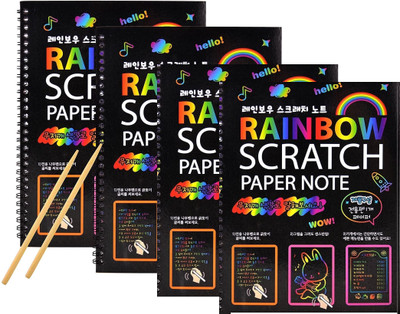 KRAFTMASTERS A4 Rainbow Art Scratch Paper Book Sheets with Stylus, 10 Pages, Multicolor Sketch Pad(10 Sheets, Pack of 4)