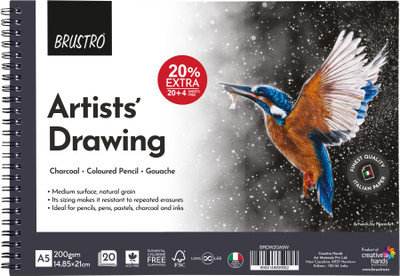 BRuSTRO Artist's Drawing Wiro Pad,200 GSM,Size A5|Acid Free,Medium Surface,Natural Grain Sketch Pad(24 Sheets)