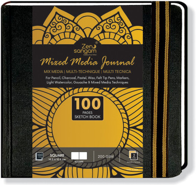 Zen Sangam Express your Mind Artists’ - Square Mixed Media Art Journal - 200 GSM - Ultra Smooth Surface - (100 Pages) - Size (10.5cmx10.5cm) - Stitched Hardbound Sketchbook - Black Sketch Pad(50 Sheets)