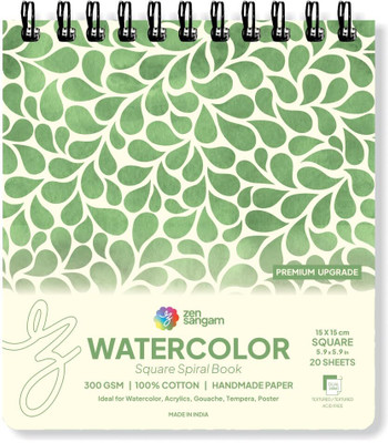 Zen Sangam Express your Mind Spiral Watercolor Journal - Square - 300 GSM Cold Pressed - SQ2 size (15cmx15cm) Sketch Pad(20 Sheets)