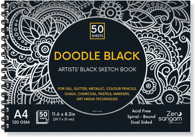 Zen Sangam Express your Mind Doodle Black Paper Sketchbook Drawing Note, A4 (Landscape) - 120GSM - 50 Sheets (100 Pages) - Wiro Spiral Black paper sketch book Sketch Pad(50 Sheets)