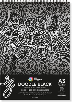 Zen Sangam Express your Mind Doodle Black Paper Sketchbook Drawing Note, A3 (Landscape) - 120GSM - 25 Sheets (50 Pages) - Wiro Spiral Black paper sketch book Sketch Pad(25 Sheets)