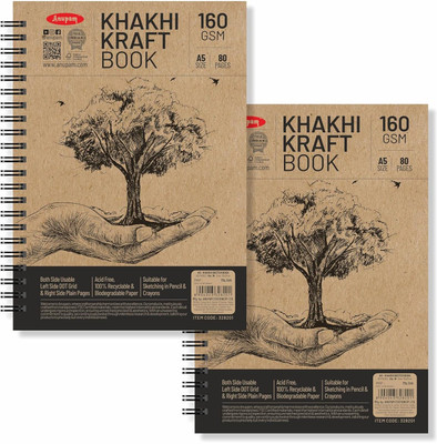 ANUPAM Khaki Sketchbook Wireobook One Side Dot-Grid & One Side Plain Cartridge Paper A5 Sketch Pad(40 Sheets, Pack of 2)