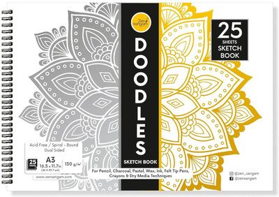 Zen Sangam Express your Mind 25 Sheets A3 Doodles Sketch Book – 16.5 x 11.7 Inch – SpiralBound Sketchpad for Beginners - Acid Free Paper for Doodling, Drawing Sketch Pad(50 Sheets)