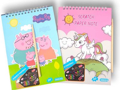 Bodhee Tree DIY Scratch Book Combo |Unicorn & Peppa| 8 Sheets|Wooden Stylus| Birthday Gift Sketch Pad(8 Sheets, Pack of 2)