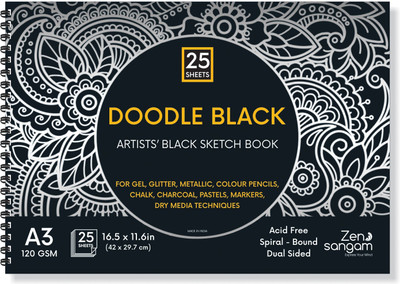 Zen Sangam Express your Mind Doodle Black Paper Sketchbook Drawing Note, A3 (Landscape) - 120GSM - 25 Sheets (50 Pages) - Wiro Spiral Black paper sketch book Sketch Pad(25 Sheets)
