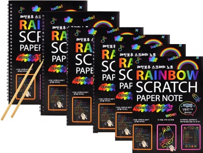 KRAFTMASTERS A4 Rainbow Art Scratch Paper Book Sheets with Stylus, 10 Pages, Multicolor Sketch Pad(10 Sheets, Pack of 6)