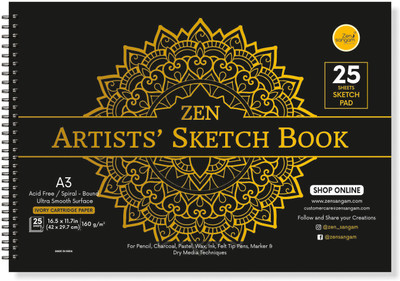 Zen Sangam Express your Mind Artists' A3 Sketch Pad Drawing Notebook (Spiral), 25 Sheets(50 Pages) 42x29.7cm, 150 GSM Acid Free Ivory Cartridge Paper for Pencils,Fineliners,Crayons,OilPastels,Light Watercolour - Gold Sketch Pad(25 Sheets)