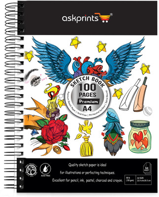 Askprints A4 Premium Sketch Book, Spiral Bound 100 Pages,Acid-Free Paper,for Kids & Adults Sketch Pad(50 Sheets)