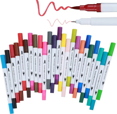 feelhigh 24 Dual Head Water Based Drawing Soft Brush Fineline Tip Color Pen Set fine Nib Sketch Pens(Set of 24, Multicolor)