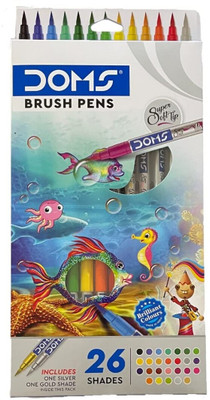 DOMS Brush Pen Box Pack | 26 Shades | Includes One Silver & Gold Shade Inside | FINE & BRUSH TIP Nib Sketch Pens(Set of 1, Multicolor)