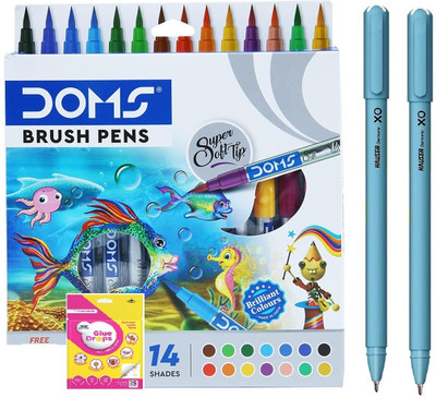 DOMS Brush pen Brush Nib Sketch Pens(Set of 14, Multicolor With Glue Drops & 2 Ball Pen)