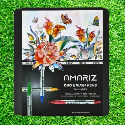 DOMS AMARIZ Duo BRUSH PENS | 14 Shades | TIN PACK | FINE & BRUSH TIP IN SAME PEN | Nib Sketch Pens(Set of 1, Multicolor)