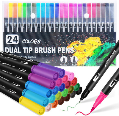 TradeZ Double Head Colour Pen + Highllighter Double Head Pen and Brush Nib Sketch Pens with Washable Ink(Set of 24, Multicolor) TradeZ Double Head Colour Pen + Highllighter Double Head Pen and Brush Nib Sketch Pens with Washable Ink(Set of 24, Multicolor)