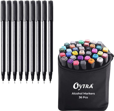 OYTRA Drawing, Call, Writing, Sketching 36 Dual Tip ALcoholic Ink Markers And 9 Fine Liners Technical Black Pens Combo Nib Sketch Pens(Set of 36, Black)