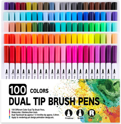feelhigh 100 Dual Head Water Based Drawing Soft Brush Fineline Tip Color Pen Set fine Nib Sketch Pens(Set of 100, Multicolor)