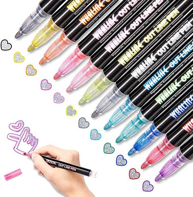 AMB Double Line Metallic Outline Markers Pens Superfine Nib Sketch Pens Nib Sketch Pen(Multicolor)