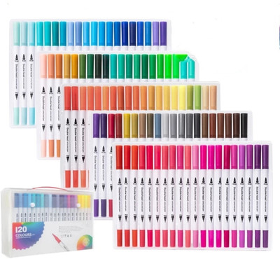feelhigh 120 Dual Head Water Based Drawing Soft Brush Fineline Tip Color Pen Set fine Nib Sketch Pens(Set of 120, Multicolor)