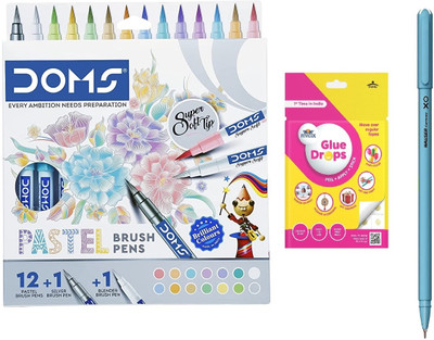 DOMS Pastel Brush Nib Sketch Pens(Set of 16, Multicolor Glue Drops and XO Pen)