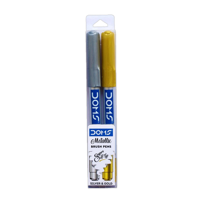 DOMS Metallic Brush Pen (2 Shades) Super soft brush tip Nib Sketch Pens(Set of 1, Silver, Golden)