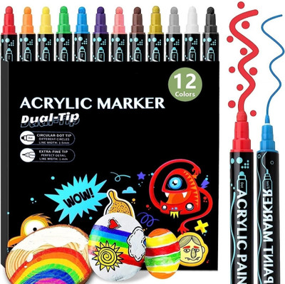 feelhigh 12 acrylic marker Dual sided Nib Sketch Pens(Set of 12, Multicolor)