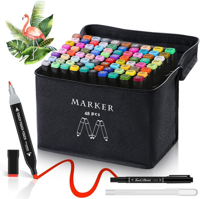 SHRIYEI Dual Tip Art Markers-48 48 PCS Bullet and Calligraphy Alcohol Ink Marker Nib Nib Sketch Pens(Set of 48, Multicolor)
