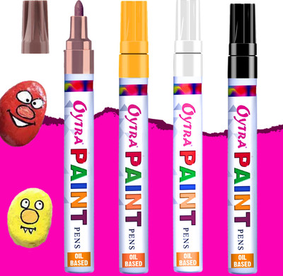 OYTRA Waterproof Paint Marker Pen Oil Based Combo for Wood Glass Tyre Artists Gift 3.0 mm Medium Tip Nib Sketch Pens(Set of 4, Black, White, Orange, Brown)