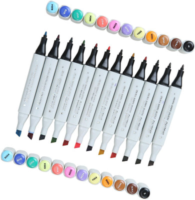 BRuSTRO Twin Tip Alcohol Based Marker Set of 12 - Basic A in Crossline PP See Through Box Nib Sketch Pens(Set of 12, Basic A)