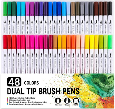 feelhigh 48 Dual Head Water Based Drawing Soft Brush Fineline Tip Color Pen Set fine Nib Sketch Pens(Set of 48, Multicolor)