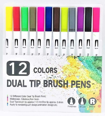 Daizen's 12 Dual Tip Marker Painting Brush | Sketch Pen with Washable Ink | Nib Sketch Pens  with Washable Ink(Set of 1, Multicolor)