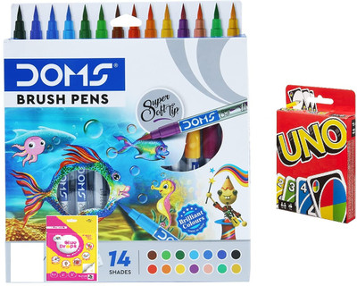 DOMS Brush Pen 14 Shade With Glue Drops And Uno Card Brush Nib Sketch Pens(Set of 14, Multicolor)