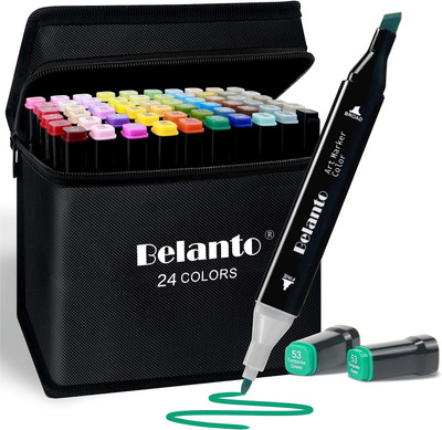 Belanto Dual Tip 24 Color Art Markers With Carrying Case For Kids Adult Painting Drawing Twin Head Chisel & Ultra Fine Permanent Colouring Marker Pens Nib Sketch Pens(Set of 24, Multicolor)
