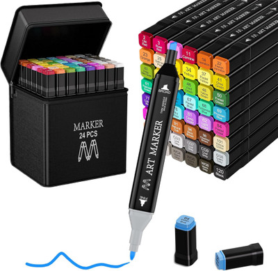 Belanto Dual Tip 24 Color Art Markers With Carrying Case For Kids Adult Painting Drawing Twin Head Chisel & Ultra Fine Permanent Colouring Marker Pens Nib Sketch Pens(Set of 24, Multicolor)