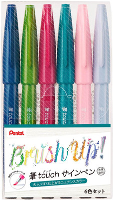 PENTEL Fude Touch Arts Bold Colours Water Based Brush Sign Pen(SES15C-6STB)| For Modern Fine & Flexible Brush Tip Nib Sketch Pens  with Washable Ink(Set of 6, Multicolor)