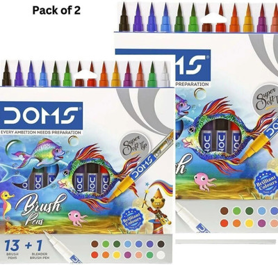 DOMS DOMS High Quality Brush Pens 14 Shades pack of 1 (13 diverse + 1 blender pen) Excellent colour laydown Nib Sketch Pens(Set of 2, Multicolor)