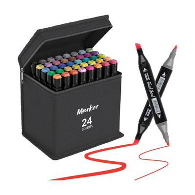 KLIFFOO 24 Colors Dual Tip Alcohol Marker with Carry Case for Painting, Drawing, Artist Chisel & Fine Permanent Coloring Marker Sketch Pens for Kids & Adults, Model K24 Nib Sketch Pens(Set of 24, Multicolor)